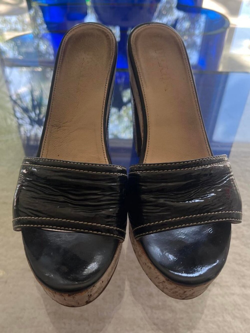 90s Prada Black leather platform sandals with cork heel Size 8 US / 38.5 EU